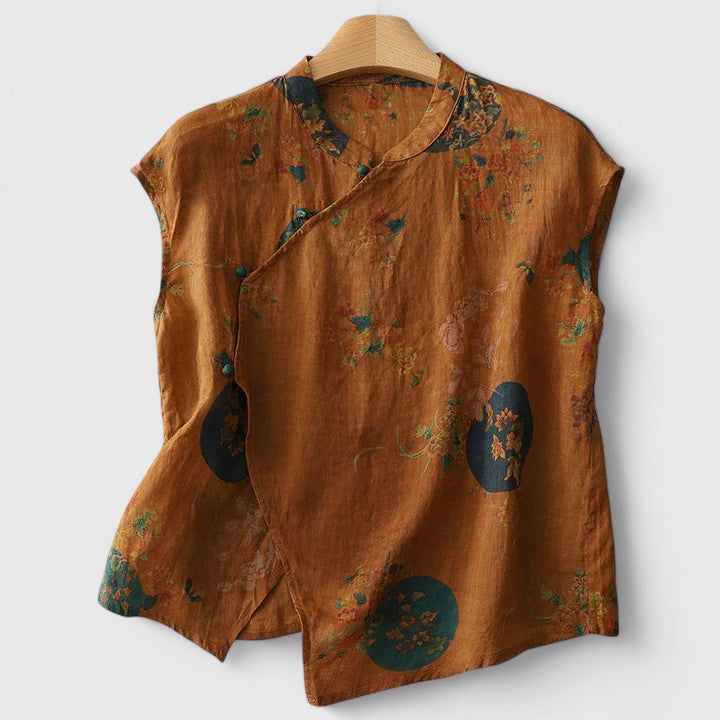 Sleeveless Top with Stand Collar and Asymmetrical Hem, Vintage-Inspired Print