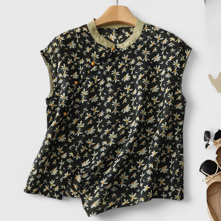 Sleeveless Top with Stand Collar and Asymmetrical Hem, Vintage-Inspired Print
