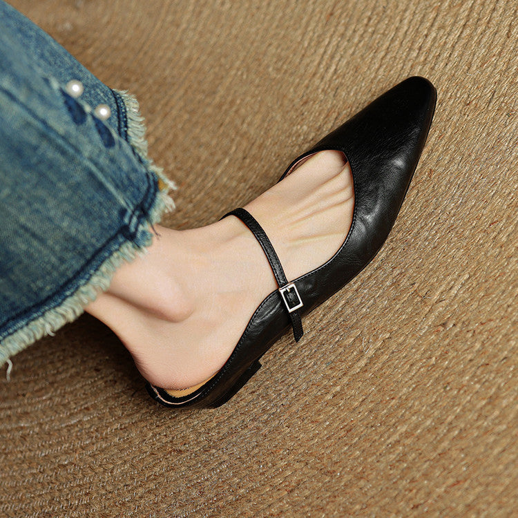Pointed Toe Mules with Adjustable Buckle Strap and Cushioned Insole