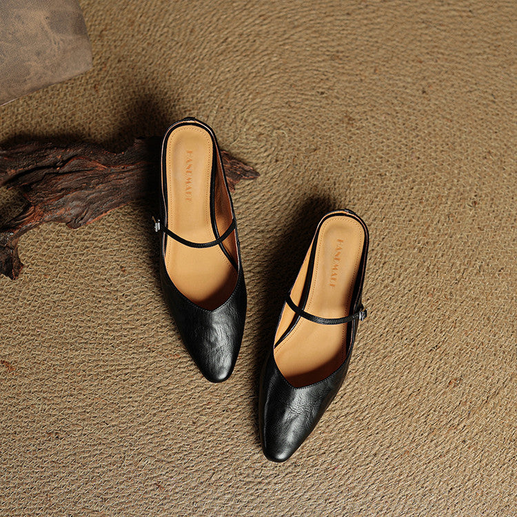 Pointed Toe Mules with Adjustable Buckle Strap and Cushioned Insole