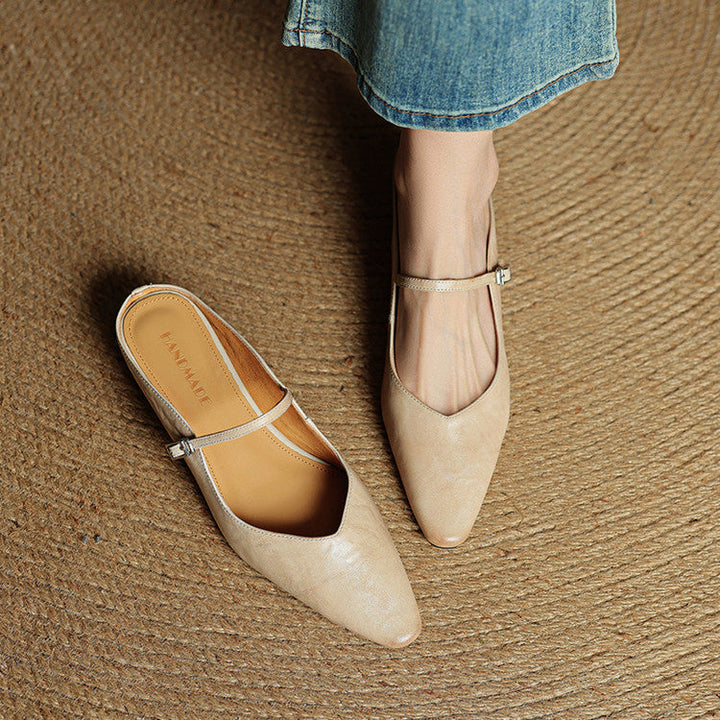 Pointed Toe Mules with Adjustable Buckle Strap and Cushioned Insole