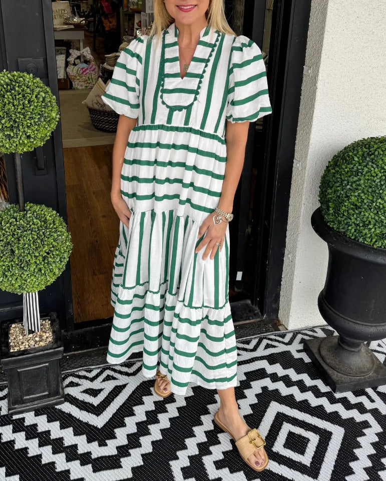 Midi Dress with V-Neckline and Striped Pattern, Polyester