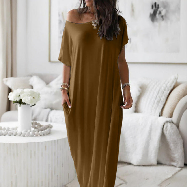 Asymmetric Off-Shoulder Dress with Relaxed Fit and Short Sleeves