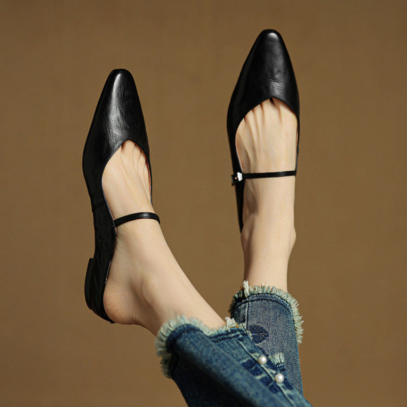 Pointed Toe Mules with Adjustable Buckle Strap and Cushioned Insole