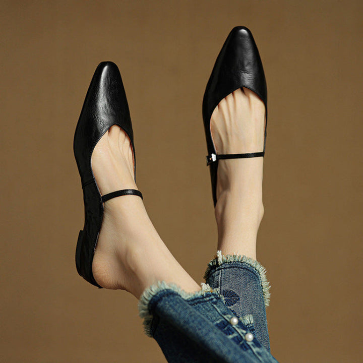 Pointed Toe Mules with Adjustable Buckle Strap and Cushioned Insole