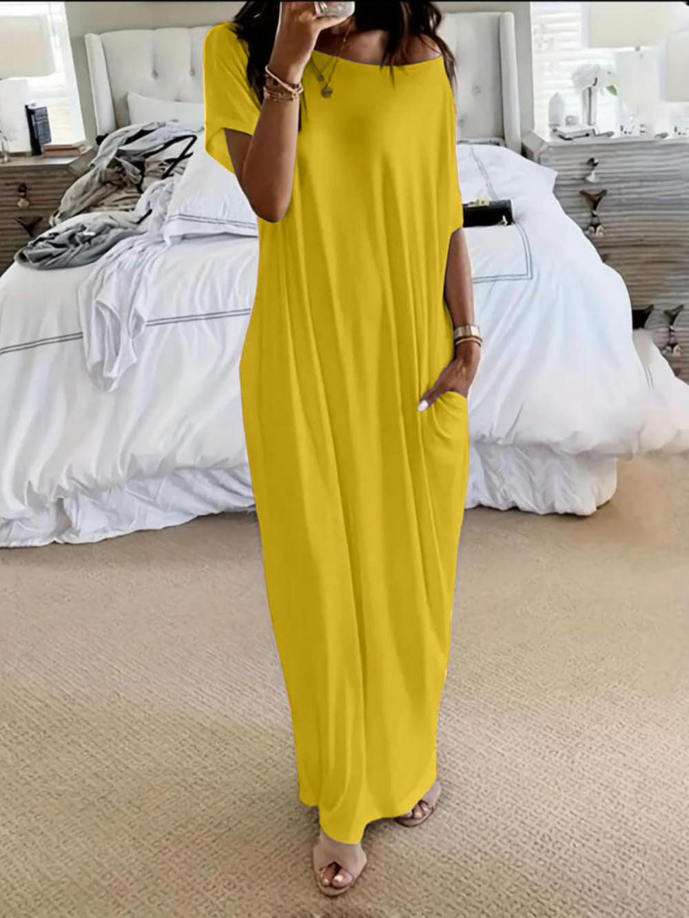 Asymmetric Off-Shoulder Dress with Relaxed Fit and Short Sleeves