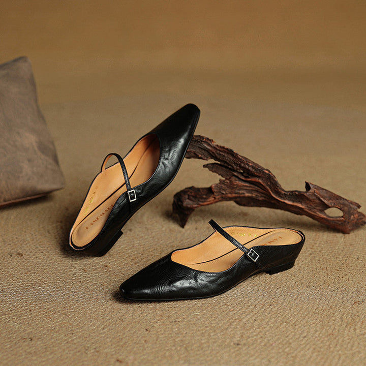 Pointed Toe Mules with Adjustable Buckle Strap and Cushioned Insole