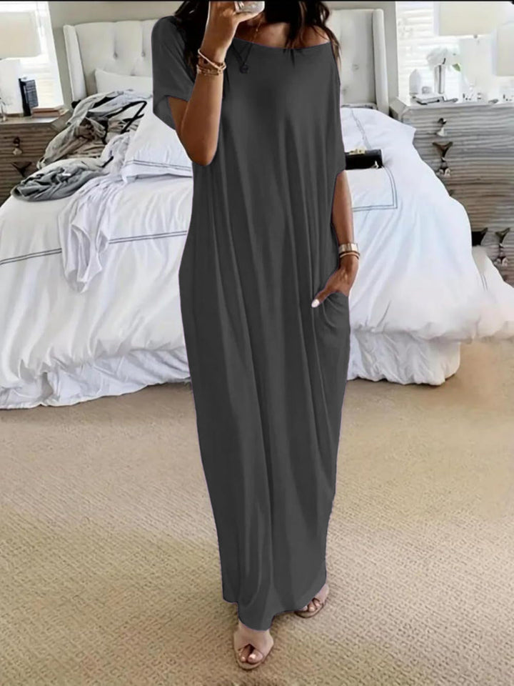Asymmetric Off-Shoulder Dress with Relaxed Fit and Short Sleeves