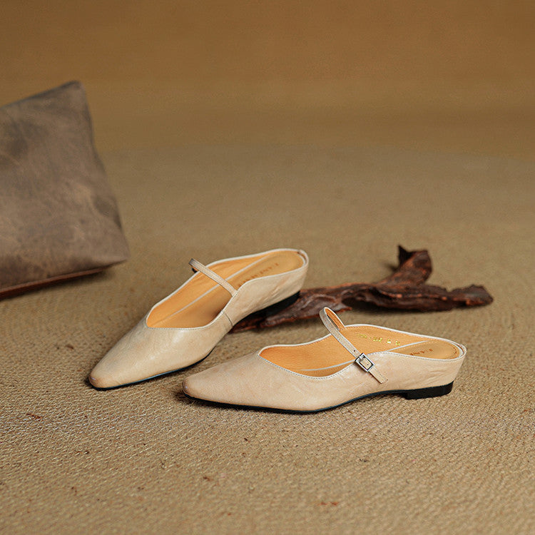 Pointed Toe Mules with Adjustable Buckle Strap and Cushioned Insole