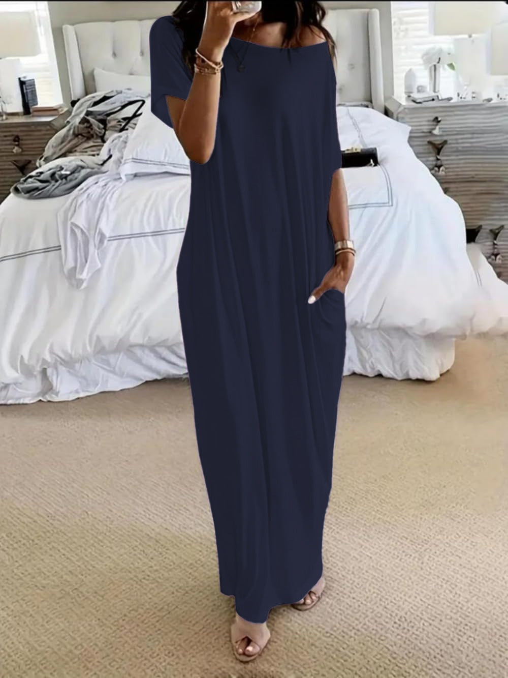 Asymmetric Off-Shoulder Dress with Relaxed Fit and Short Sleeves