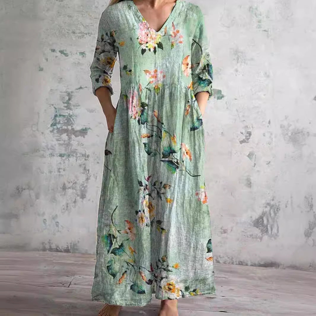 Women's V-Neck Summer Dress with Floral Print and Relaxed Fit