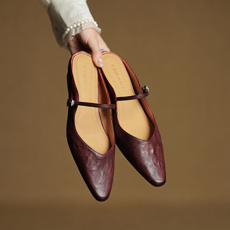 Pointed Toe Mules with Adjustable Buckle Strap and Cushioned Insole