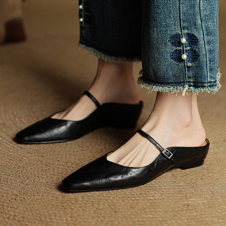 Pointed Toe Mules with Adjustable Buckle Strap and Cushioned Insole