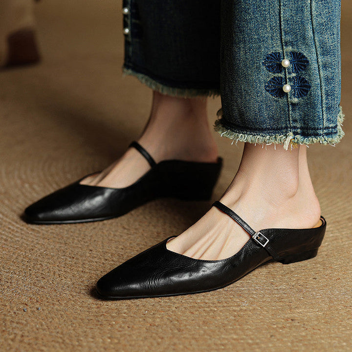 Pointed Toe Mules with Adjustable Buckle Strap and Cushioned Insole