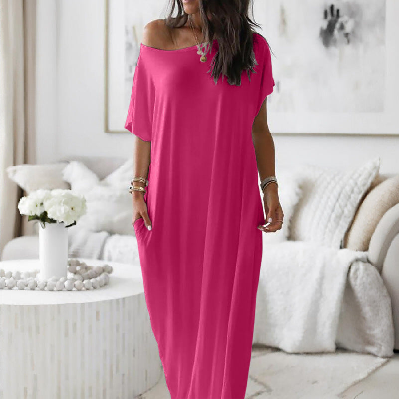 Asymmetric Off-Shoulder Dress with Relaxed Fit and Short Sleeves