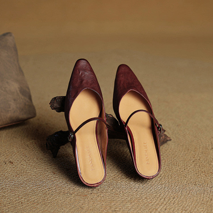 Pointed Toe Mules with Adjustable Buckle Strap and Cushioned Insole