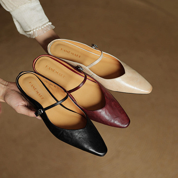 Pointed Toe Mules with Adjustable Buckle Strap and Cushioned Insole