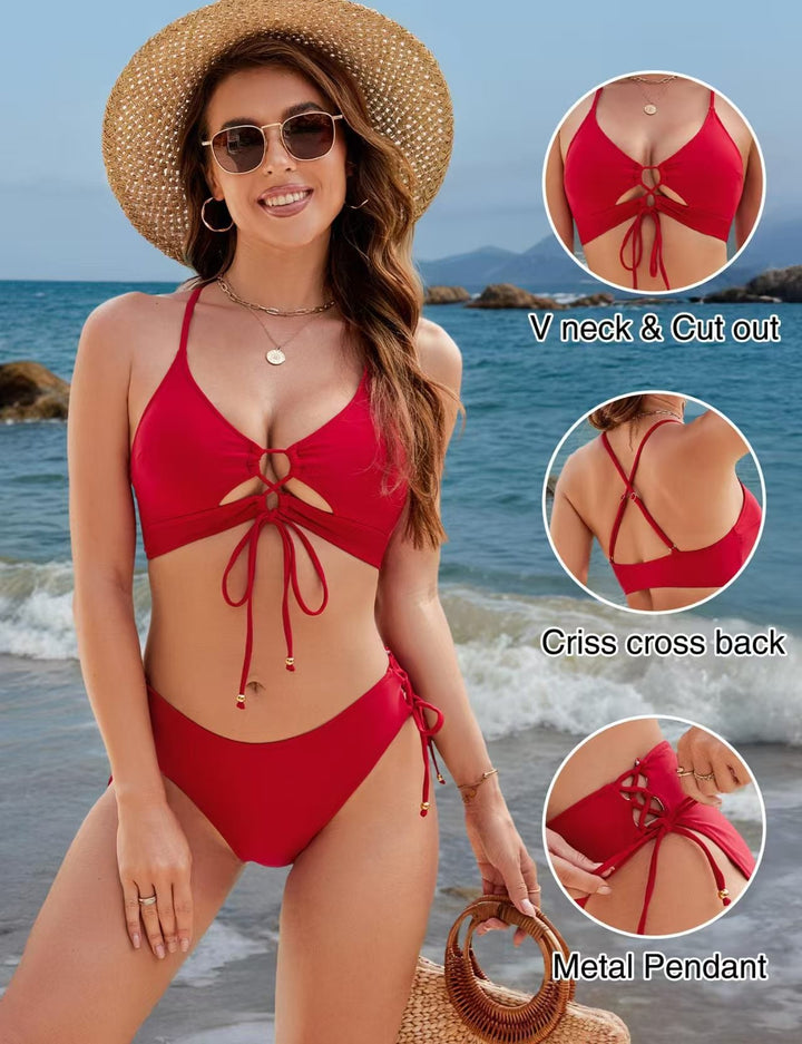 Adjustable Lace-Up Bikini Set with Side-Tie Bottoms and Stretch Fabric