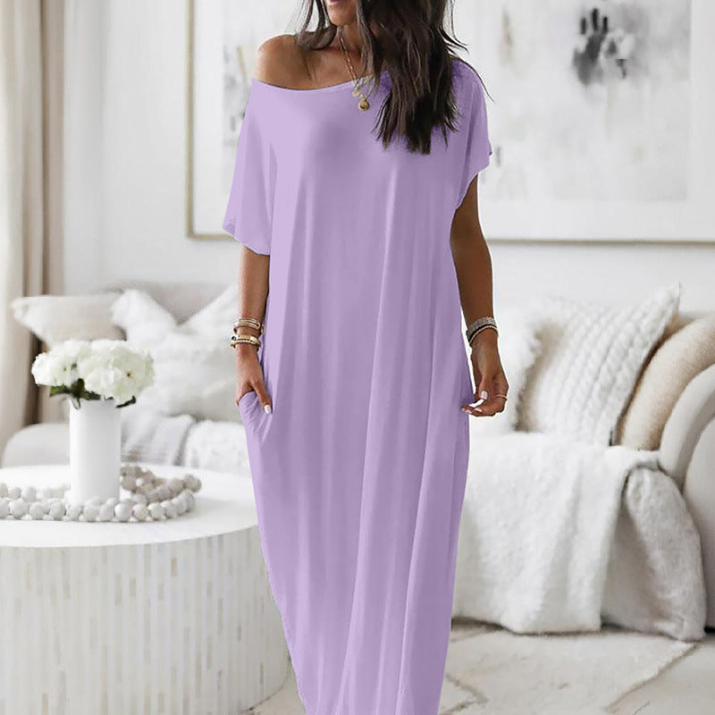 Asymmetric Off-Shoulder Dress with Relaxed Fit and Short Sleeves