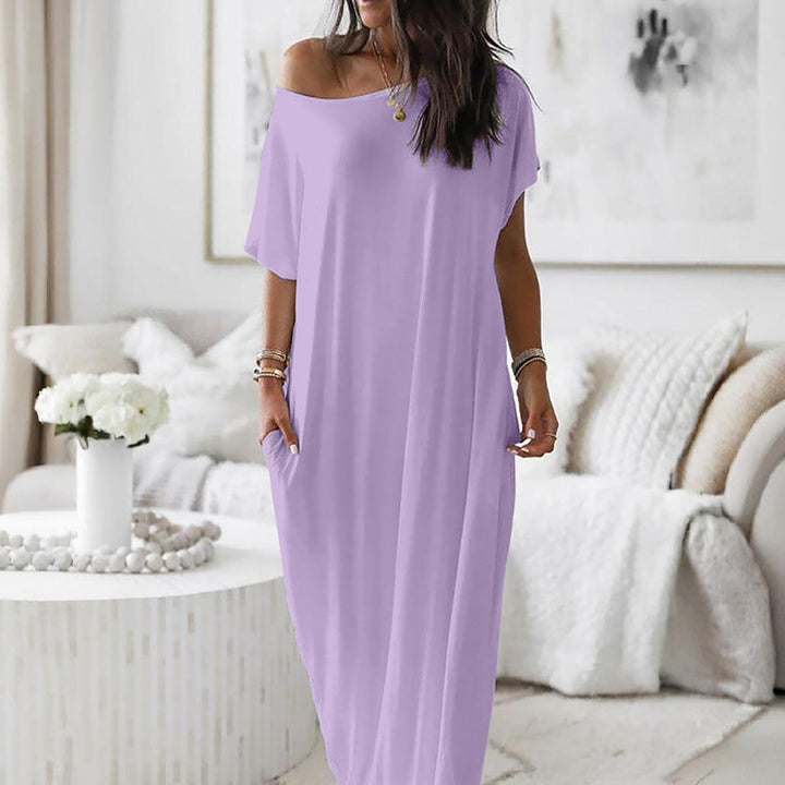 Asymmetric Off-Shoulder Dress with Relaxed Fit and Short Sleeves