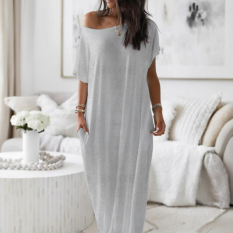 Asymmetric Off-Shoulder Dress with Relaxed Fit and Short Sleeves