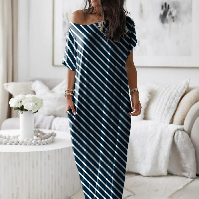 Asymmetric Off-Shoulder Dress with Relaxed Fit and Short Sleeves