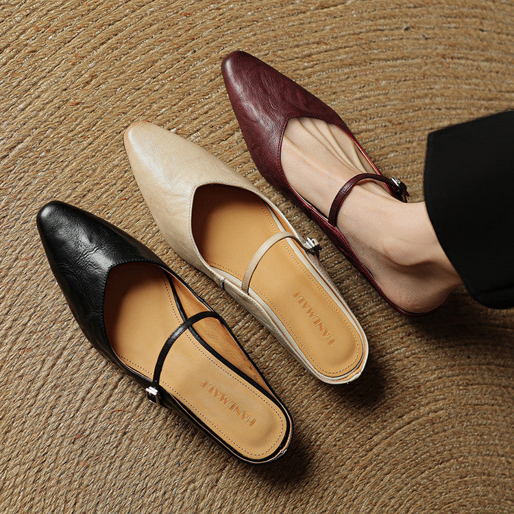 Pointed Toe Mules with Adjustable Buckle Strap and Cushioned Insole
