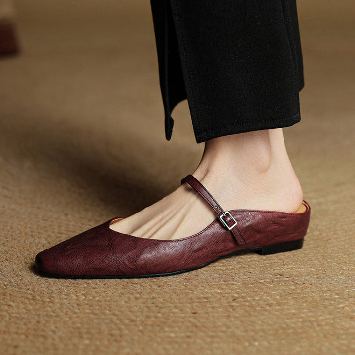 Pointed Toe Mules with Adjustable Buckle Strap and Cushioned Insole