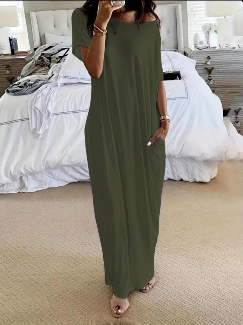 Asymmetric Off-Shoulder Dress with Relaxed Fit and Short Sleeves
