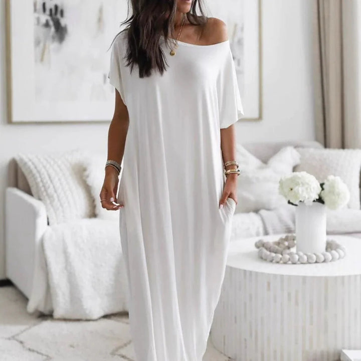 Asymmetric Off-Shoulder Dress with Relaxed Fit and Short Sleeves