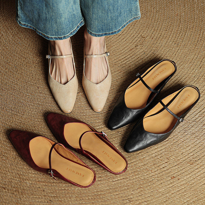 Pointed Toe Mules with Adjustable Buckle Strap and Cushioned Insole