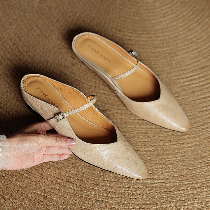 Pointed Toe Mules with Adjustable Buckle Strap and Cushioned Insole