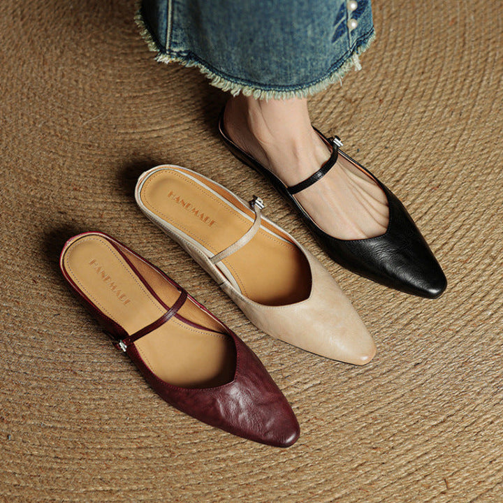 Pointed Toe Mules with Adjustable Buckle Strap and Cushioned Insole
