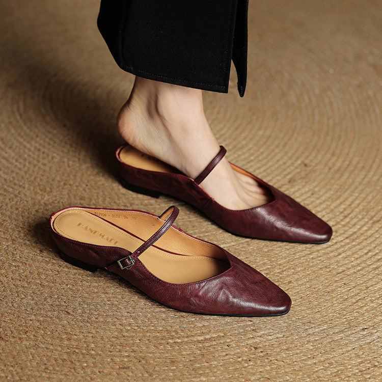 Pointed Toe Mules with Adjustable Buckle Strap and Cushioned Insole