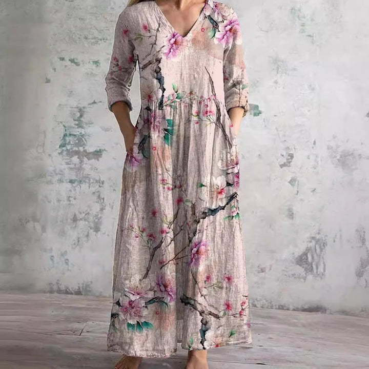 Women's V-Neck Summer Dress with Floral Print and Relaxed Fit