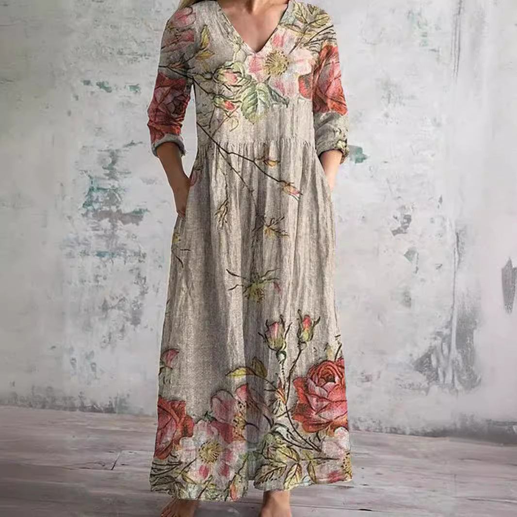 Women's V-Neck Summer Dress with Floral Print and Relaxed Fit