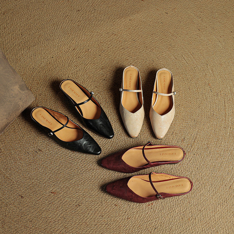 Pointed Toe Mules with Adjustable Buckle Strap and Cushioned Insole