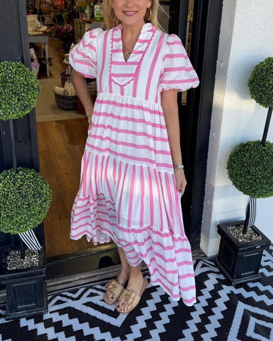 Midi Dress with V-Neckline and Striped Pattern, Polyester
