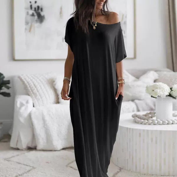 Asymmetric Off-Shoulder Dress with Relaxed Fit and Short Sleeves