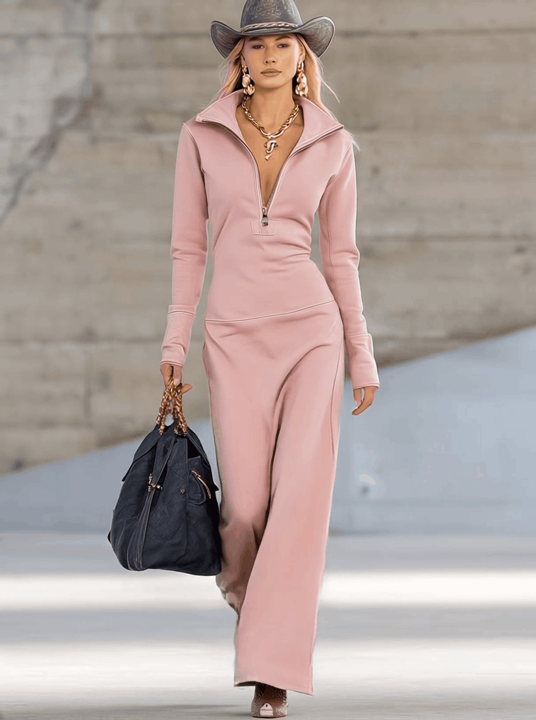 Pink V-Neck Maxi Dress with Front Zipper and Long Sleeves, Fitted Sporty Style