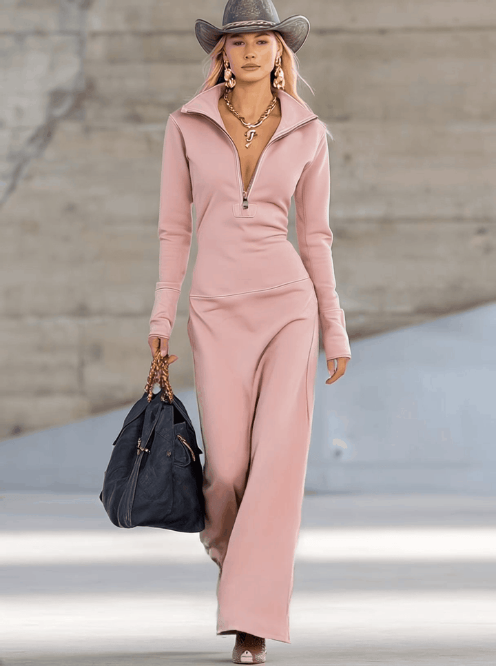 Pink V-Neck Maxi Dress with Front Zipper and Long Sleeves, Fitted Sporty Style