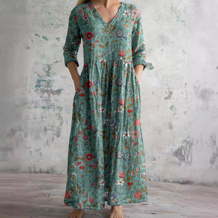 Women's V-Neck Summer Dress with Floral Print and Relaxed Fit