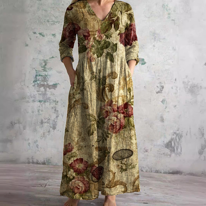Women's V-Neck Summer Dress with Floral Print and Relaxed Fit