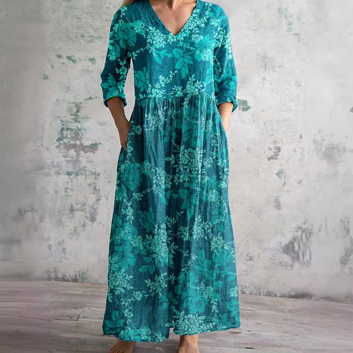 Women's V-Neck Summer Dress with Floral Print and Relaxed Fit