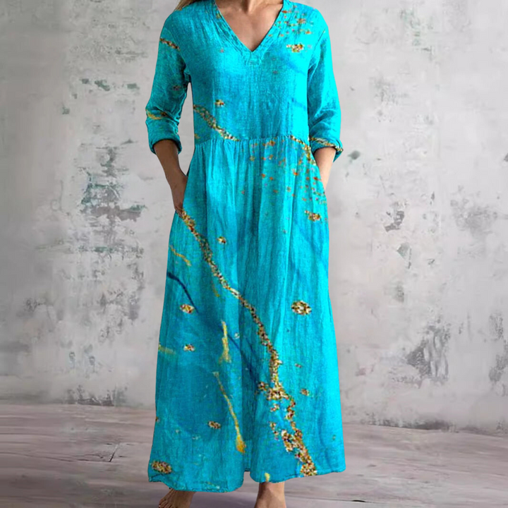 Women's V-Neck Summer Dress with Floral Print and Relaxed Fit