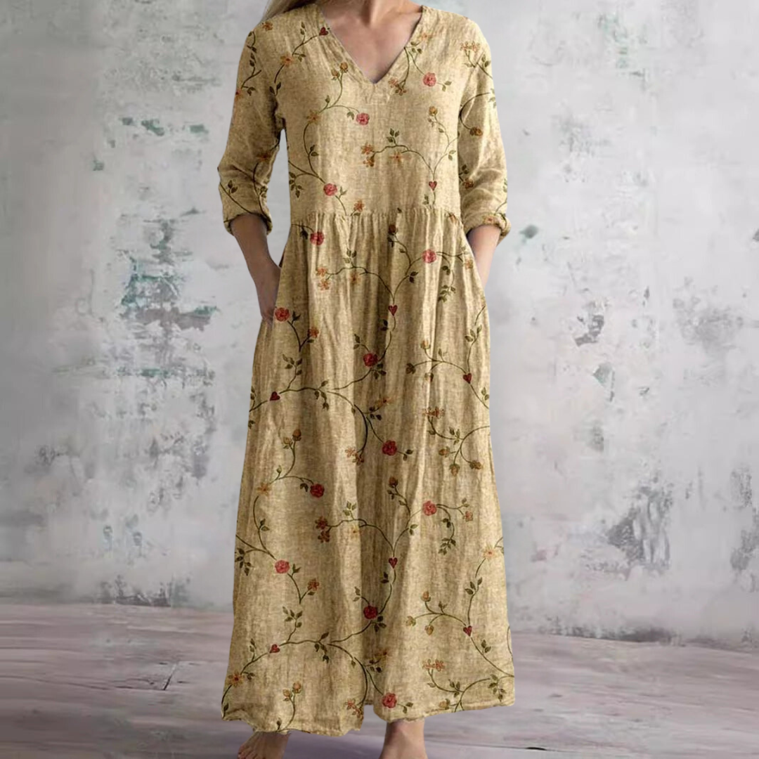 Women's V-Neck Summer Dress with Floral Print and Relaxed Fit