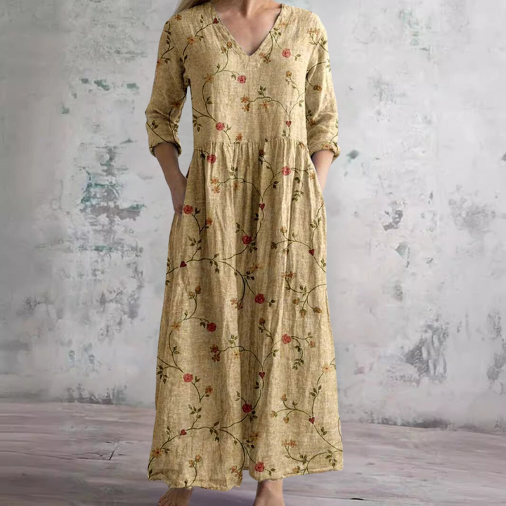 Women's V-Neck Summer Dress with Floral Print and Relaxed Fit