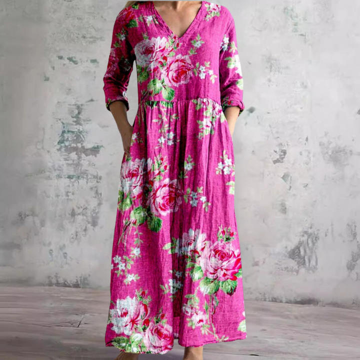 Women's V-Neck Summer Dress with Floral Print and Relaxed Fit
