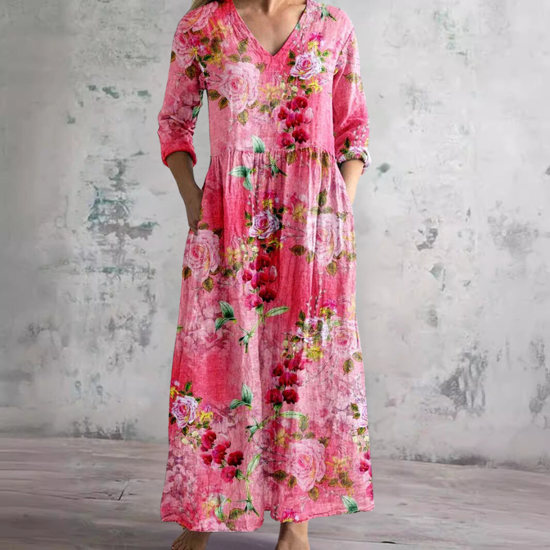 Women's V-Neck Summer Dress with Floral Print and Relaxed Fit