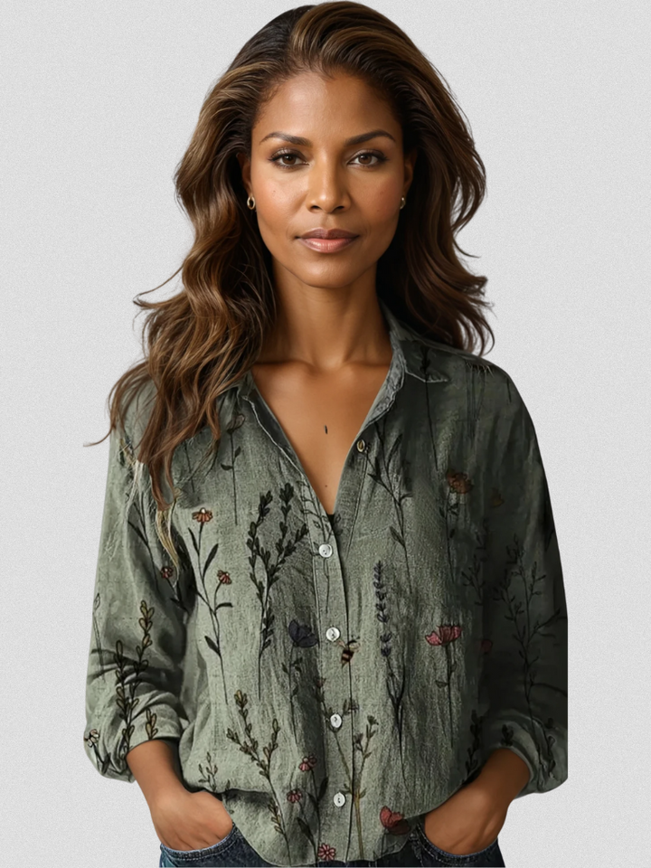 Long-Sleeve Blouse with Retro Print and Relaxed Fit